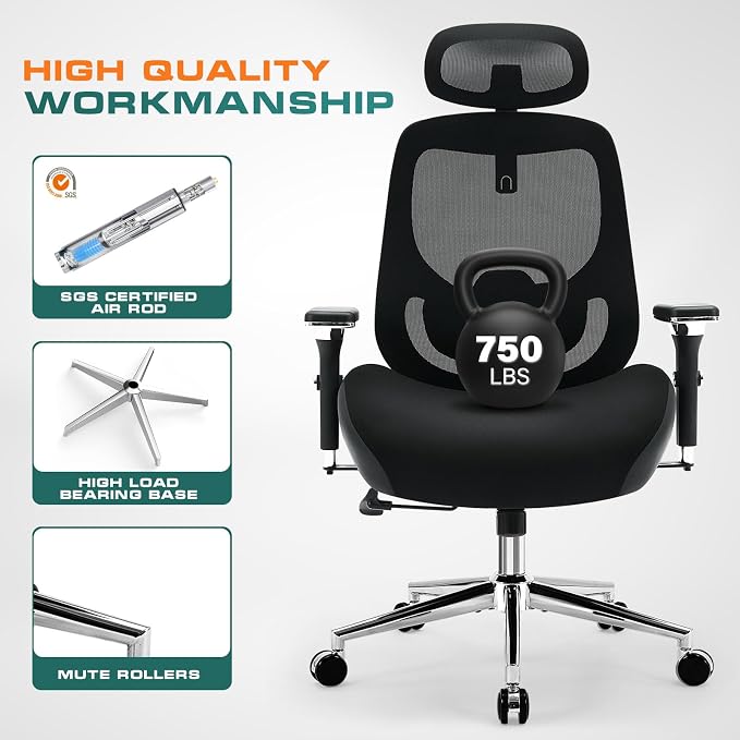 BOSMILLER TitanMax 750lbs Big and Tall Office Chair for Heavy People with Dual Lumbar Support, Oversize Ergonomic Desk Chair with 4D Armrests, Wide Thick Seat & 2D Headrest for 8-Hours Daliy Work