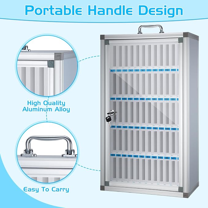 Amylove Cell Phone Locker Cabinet Aluminum Alloy Pocket Chart Storage Locker Box Cabinet Wall-Mounted Cell Phones Storage Box with Handle for Office Classroom Gym(White,60 Slots)