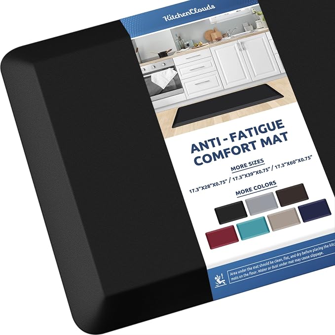 KitchenClouds Kitchen Mat Cushioned Anti Fatigue Kitchen Rug Non Slip Standing Mat Comfort Floor Mats for Sink Office (17.3"x39"- 0.8inch,Black)