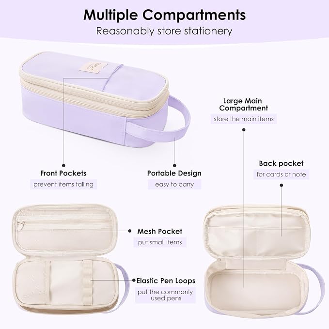 SKYDUE Cute School Supplies Kit, 38 PCS Aesthetic Stationery Set with Large Pencil Case, Pens, Mechanical Pencils, Highlighters & Sticky Notes for School, College Purple