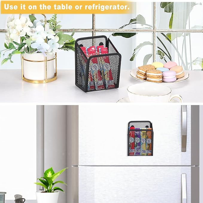 ELLDOO Magnetic Water Drink Packet Holder, Magnetic Metal Mesh Tea Bag Organizer Sugar Packet Basket, Kitchen Organizers and Storage for Refrigerator and Countertop