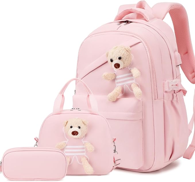 ACESAK School Backpack for Girls - 3 PCS Cute Girls Backpack with Lunch Box & Pencil Case - Kawaii Casual Kids Bookbag School Bag Daypacks Set for Elementary Middle High School Student Teens (Pink)