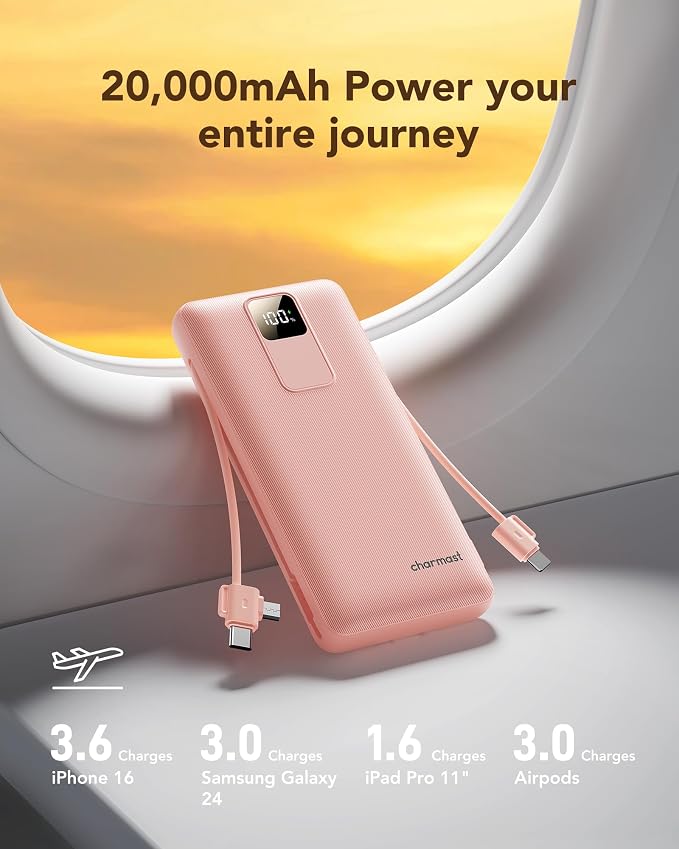 charmast Portable Charger with Built-in Wall Plug and Cables, 20000mAh Power Bank Travel Essentials, 20W Fast Charging Battery Pack Compatible with iPhone 17/16/15/14/13/12/11, Samsung, Android