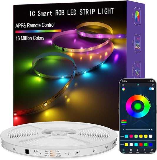 IC Smart RGB LED Strip Lights, 50FT LED Lights for Bedroom, App Control/Remote Control, Music Sync, DIY Design, Rainbow Chasing Effects, Strip Lights for Home, Party Decor