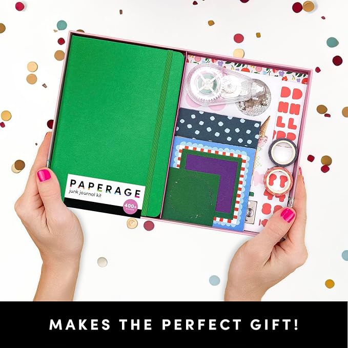 PAPERAGE Junk Journal & Scrapbook Kit, Hardcover Blank Journal Notebook, 20 Patterned Papers, 8 Sticker Sheets, 20 Die-Cut Shapes, 2 Washi Tapes & Tape Roller, Creative Journaling Supplies - Navy