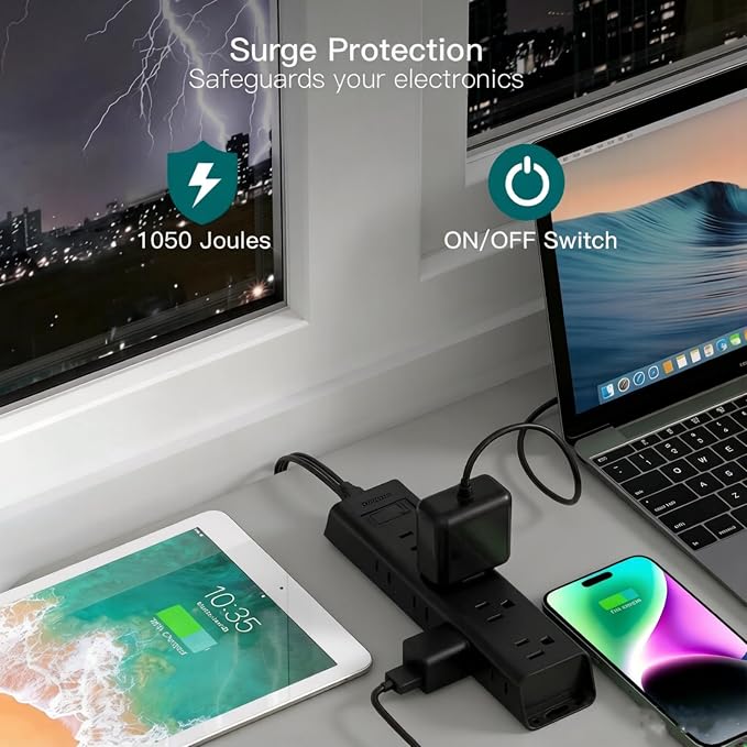 Addtam Power Strip Surge Protector with 12 Outlets, Flat Plug Extension Cord 10FT, Ultra Thin Wall Plug, 3-Side Wide Spaced Outlet Extender, Wall Mount Desk Charging Station for Home Office Garage