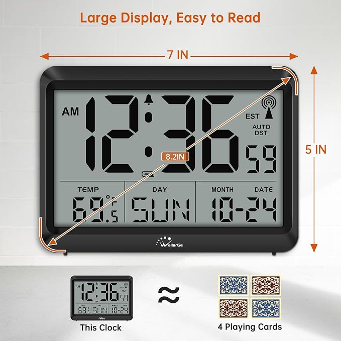 WallarGe Self-Setting Atomic Digital Wall Clock with Auto DST | Battery Operated, Large Display with Temperature, Date and Day, 4 Time Zones, Wall Mount/Desktop Clock for Classroom, Office