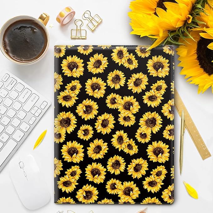 Portfolio Case for Women, Cute Padfolio Cover Folder, Conference/Resume/Legal Document Organizer with Letter/A4 Size Clipboard Hardboard, Business Card Holders, Document Sleeve, Sunflower