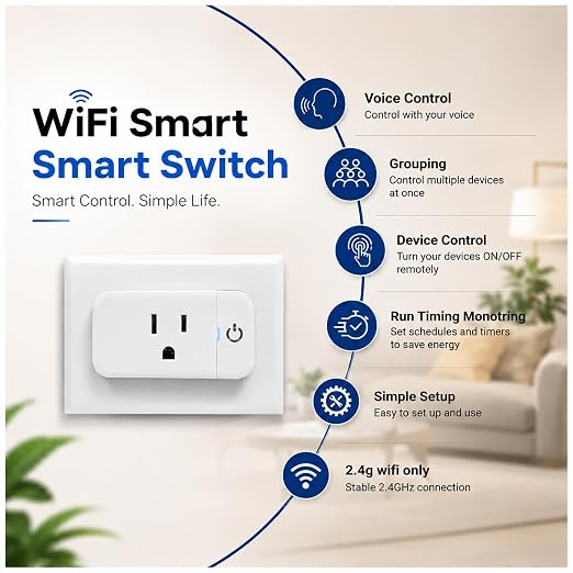 4 Pack Smart Home Wi-Fi Plugs - Alexa & Google Home Compatible, White, Toggle Switch, Automatic Operation