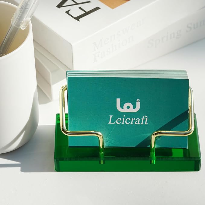 Business Card Holder for Desk, Modern Card Organizers and Office Desk Accessories for Men and Women (Green & Golden)