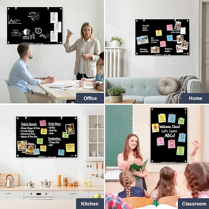 Dry Erase Board Black Magnetic Glass Whiteboard, TANKEE Modern Large Frameless Tempered Glass White Board for Wall, Office, School, Home, 36” x 24”, 3' x 2' White Board