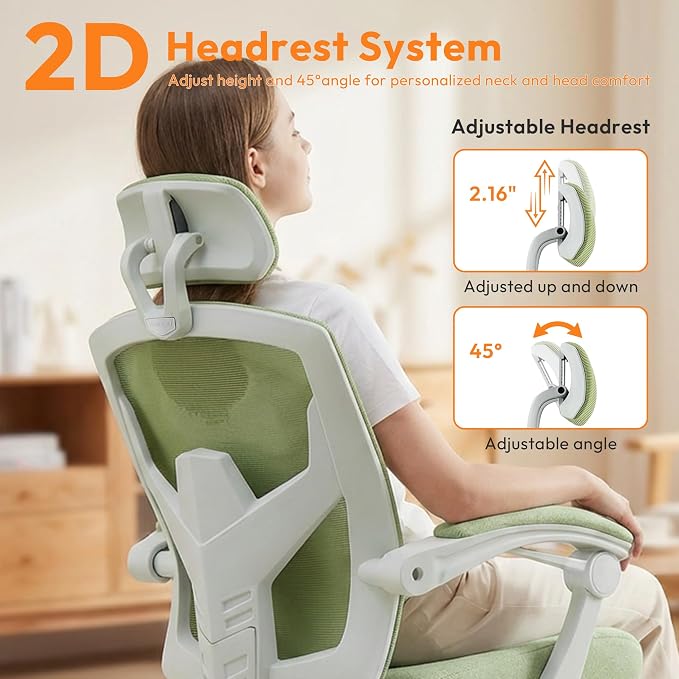 Home Office Desk Chair, Comfortable Mesh Chair with Foot Rest, Light Green | Reclining Gaming Chair with Headrest and Lumbar Support, 90°-130° Reclining, Silent Swivel