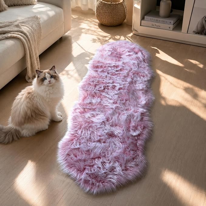 EasyJoy Faux Sheepskin Rug, Fluffy Faux Fur Rug, Ultra Soft Shag Area Rug with Non-Slip Backing for Bedroom, Living Room, Nursery, Kids Room(2 x 6 ft Sheepskin, Frosted Bottom Pink)