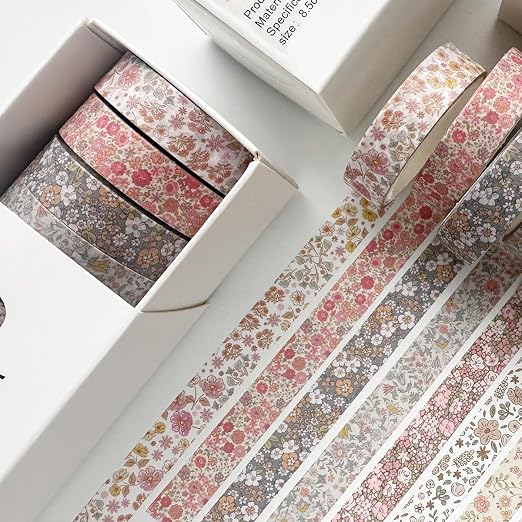 Vintage Washi Tape Set 8 Rolls Thin Retro Decorative Antique Patterns Masking Tapes for Arts, DIY Crafts, Journals, Planners, Scrapbook, Wrapping (Little Flowers)