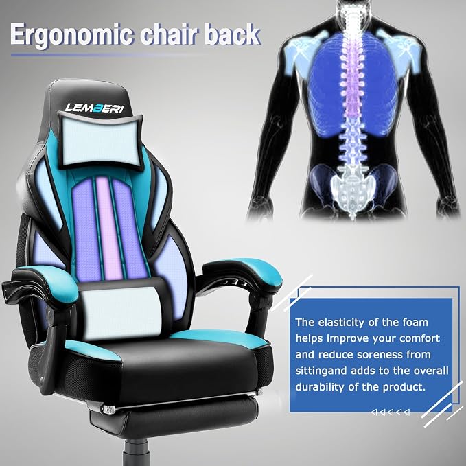 LEMBERI Big and Tall Gaming Chair 400lb Capacity, Heavy-Duty Office Chair with Reinforced Footrest, Wide Seat High Back PC Desk Chair with Linkage Armrests, Thickened Steel Frame, PU Leather, Blue