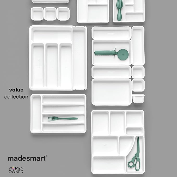 madesmart Classic Junk Drawer Organizer, White | rounded corners, sliding top tray, removable upper level, 13 compartments, cords pens keys, woman owned
