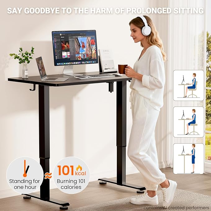 Veken 47.2" Standing Desk, Adjustable Height Office Desk with Wood Desktop, Computer Table for Home Work, Study and Gaming, Small Spaces, Modern Furniture, Black | Height Adjustable Sit Stand Up Computer Tables for Home Office, Study and Writing, Suit ...