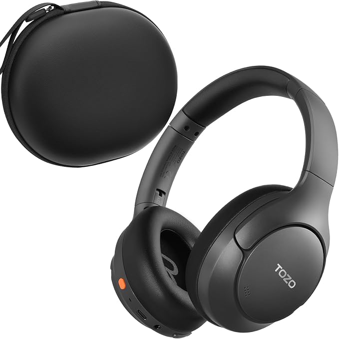 TOZO HT3 Hybrid Noise Cancelling Headphones, 90H Battery Life Wireless Over Ear Bluetooth 6.0 Foldable Headset, AI Voice Assistant with 5 Mics, Connect 2 Devices & Hi-Res Sound, 32 Audio EQ, with Case
