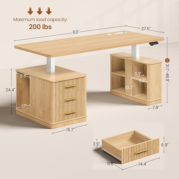 SEDETA Modern Fluted Electric Standing Desk, 63" Height Adjustable Computer Desk with 3 Drawers, Storage Shelves, Power Outlets, Wood Home Office Stand up Desk for Work, Study, Writing, Oak