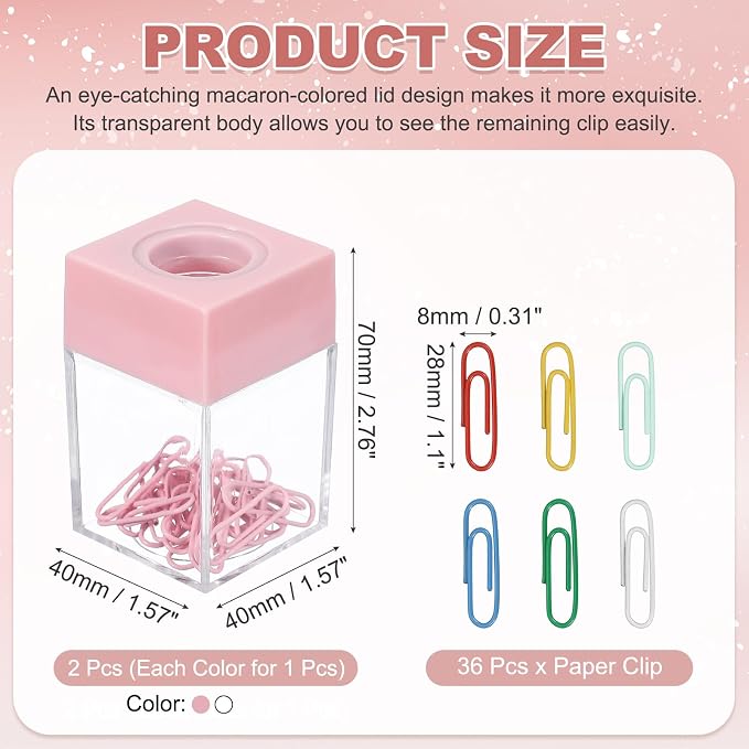 PATIKIL Magnetic Paper Clip Holder Dispenser, 2Pcs Large Capacity Paper Clip Organizers with Magnetic Top for Desk Supplies, Office, Classroom, Home, Pink/White(36Pcs, Multicolor Clip)