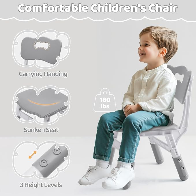 DOREROOM Toddler Table and 4 Chairs Set, Marble Top, No-Screw Legs, Grey | Graffiti Desktop, 31.5"L x 23.6"W, Frameless, Kids Ages 3-8, FSC-certified, Children Activity for Daycare, Classroom, Home