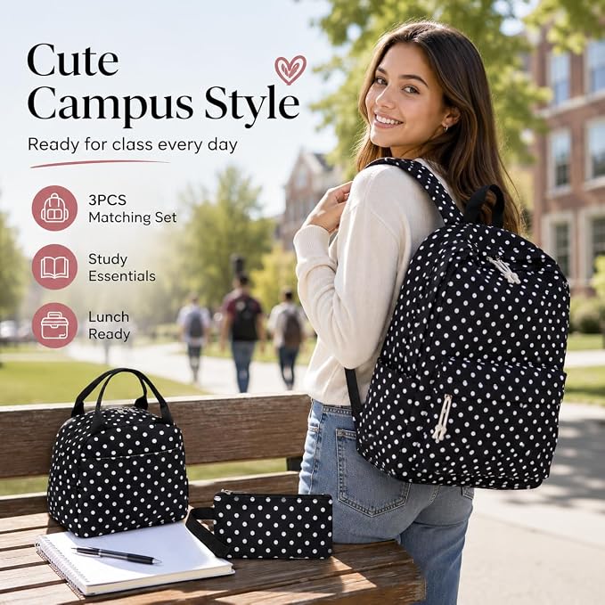 Bluboon Teen Girls School Backpack Kids Bookbag Set with Lunch Box Pencil Case Travel Laptop Backpack Casual Daypacks (Black Polka Dots)