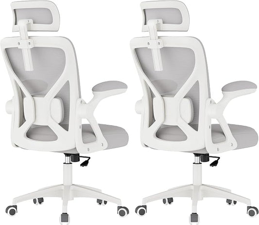 VASAGLE Ergonomic Mesh Office Chairs with Adjustable Lumbar Support and Headrest, 90-105° Tilt Function, Wide Seat, Flip‑Up Armrests, Computer Desk Chairs for Home Office, Set of 2, Dove Gray