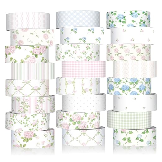 Gueevin 24 Rolls Watercolor Floral Washi Tape Set 15 mm Seasonal Flower Decorative Washi Tape for Craft Arts DIY Scrapbook Journaling Supplies Gift Wrapping(Flowers)