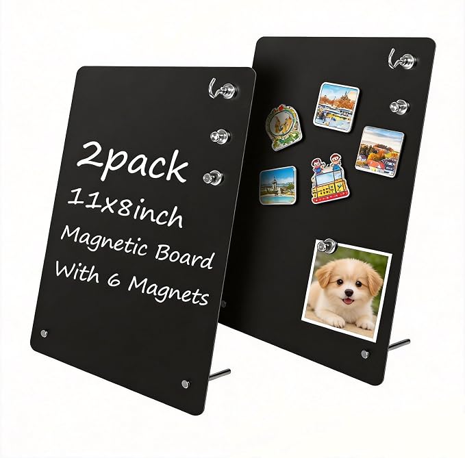 2 Pack Small Magnet Board - Black Magnetic Board | 11x8Inch Metal Magnetic Bulletin Board with 6 Magnets, Magnet Display Stand for Home School Kitchen Office