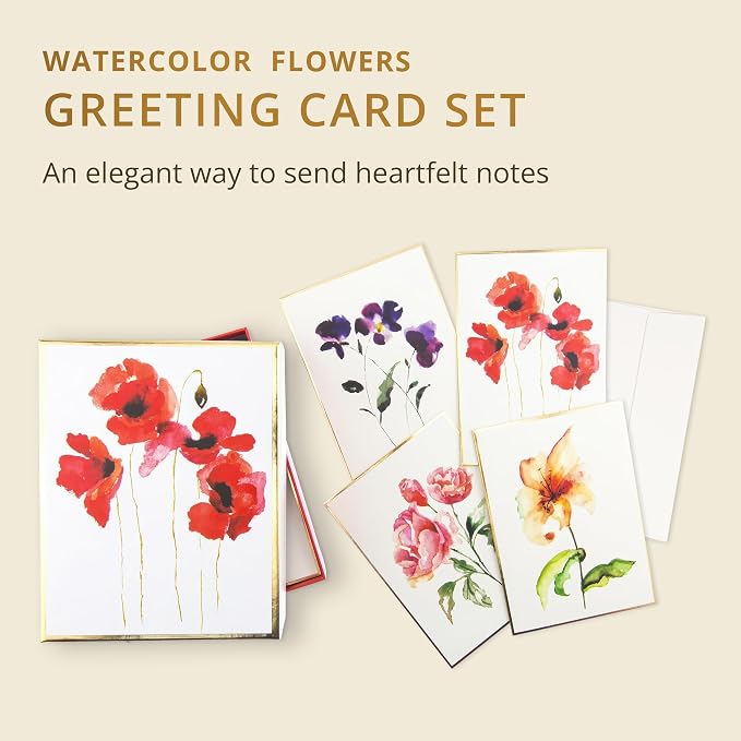 Graphique Watercolor Flowers Greeting Cards | 20 Pack | All Occasion Blank Note Cards with Envelopes | 4 Assorted Floral Designs with Gold Foil Borders | Boxed Set for Personalized Notes | 4.25" x 6"