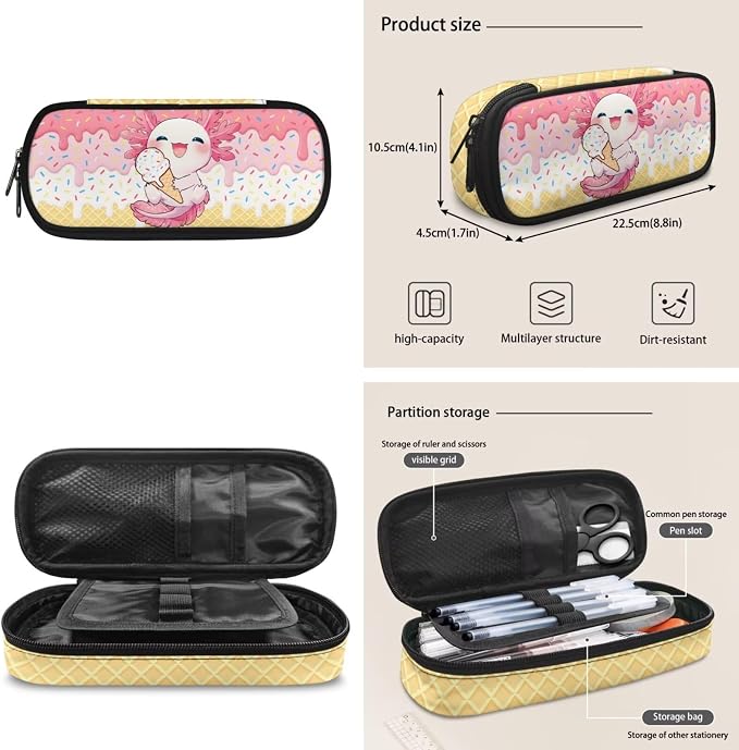 ZFRXIGN Ice Cream Axolotl Kids Backpack for Girls Bookbag with Cute Pendant 17inch Elementary School Bag and Insulated Lunch Box Portable Pencil Case Pink