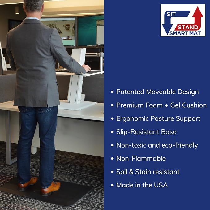 Patented One Foot Moveable Premium Ergonomic Anti-Fatigue Foam & Gel Mat for Adjustable-Height Office Desks, Kitchen Floors, and Home Use, Made in USA, Charcoal Black for Carpet