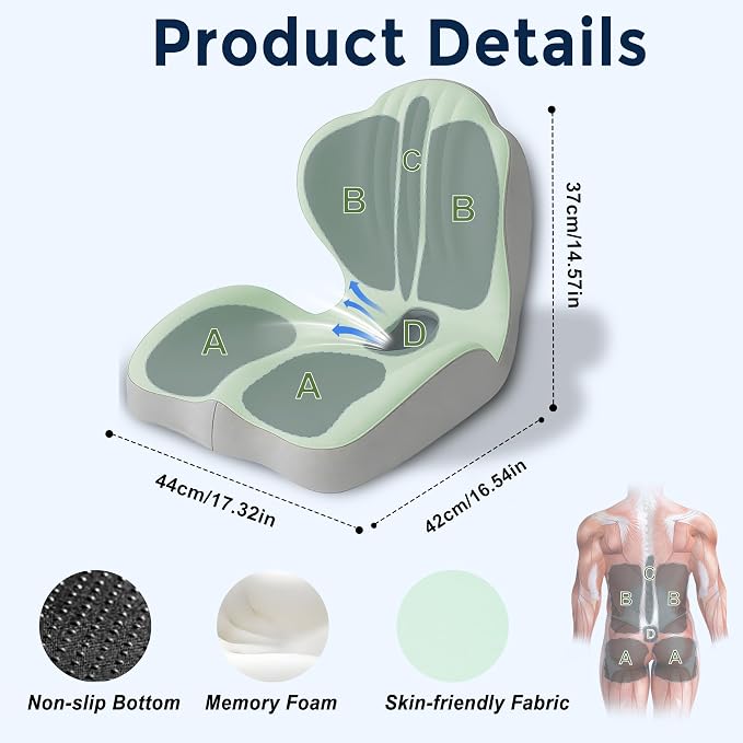 Seat Cushion for Office Chair Car, L-Shaped Ergonomic Seat Cushions,Memory Foam Orthopedic Cushion with Coccyx Hollow,Lumbar Support & Tailbone Pain Relief for Car, Truck, Home,Green & Gray