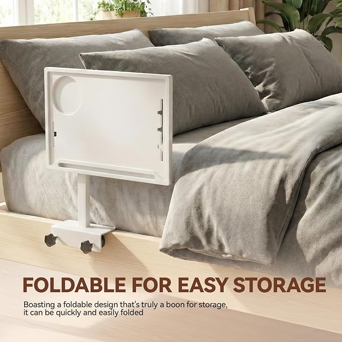 Bedside Shelf Rotating Foldable Tray:Height-Adjustable Clip On Bed Side Tray Table, Tray Table with Sturdy Metal Pole,Fits Bed Frames 0.7"-2.7" Wide for Dorms, Apartments, Bedrooms,Dorm Essentials