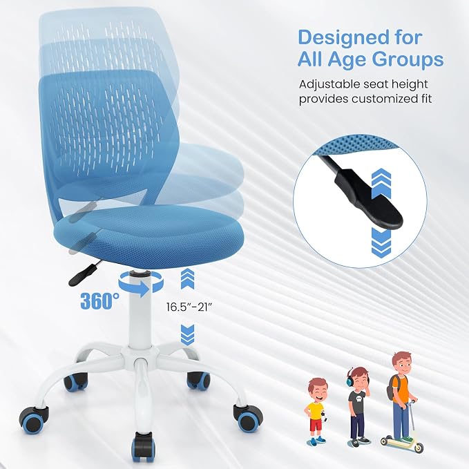 Giantex Kids Desk Chair, Adjustable Children Study Chair, Swivel Armless Mesh Task Student Chair, Child Desk Chair with Adjustable Height & Lumbar Support Computer Chair (Blue)