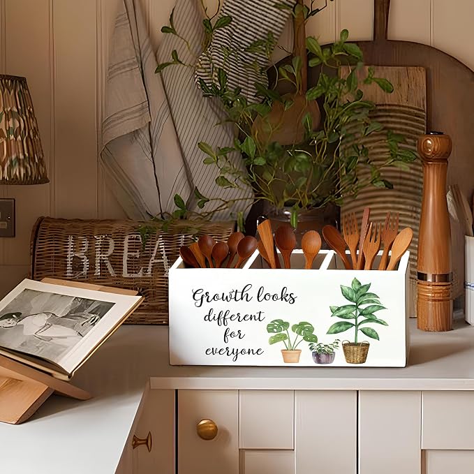Mental Health Inspirational Pen Holder, Motivational Pencil Holder, Growth Looks Different for Everyone Wooden Box Sign Decorations for Therapy Counselor Office Classroom Desk Tabletop