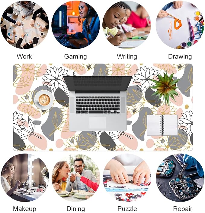 QIYI Large Mouse Pad, Extended Desk Mat for Desktop, PU Leather Waterproof Gaming Mousepad, Computer Desk Accessories Protector Writing Pads for School Office Home 31.5" x 15.7" - Line Art Flowers