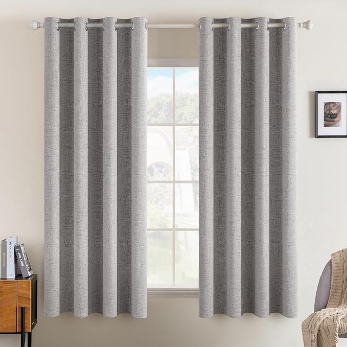 MIULEE Linen Texture Curtains for Bedroom Solid 100% Blackout Thermal Insulated Light Gray Curtains Grommet Room Darkening Drapes for Living Room 52x63 Inch (2 Panels)