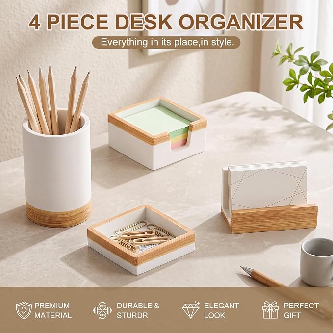 Set of 4 Modern Aesthetic Desk Accessories Organizer Set Minimalist Neutral Home Office Decor Desk Supplies for Men-Pen, Business Card Holder, Sticky Note, Paper Clip Holder(White)