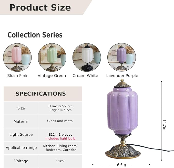 Vintage Touch Bedside Table Lamp, Elegant Green Glass Bedside Desk Lamp 3 Way Dimmable with USB C+A Charging Ports - Bedroom Nightstand & Living Room Essential (Purple;, 6.5)