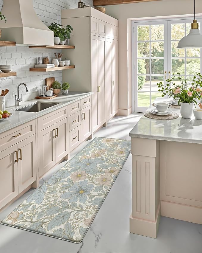 DEXI Kitchen Mats for Floor, 17x59, Cushioned Standing Mat Anti Fatigue, Waterproof Comfort Floral Padded for Laundry Room Office, Blue