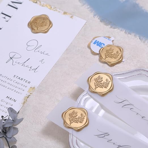 UNIQOOO Wax Seal Stickers - Eucalyptus Wedding Invitation Envelope Seal Stickers, 100 Pcs Self- Adhesive Prosecco Metallic Lignt Gold Stickers, Perfect for Invitation, Christmas, Gift Wrapping