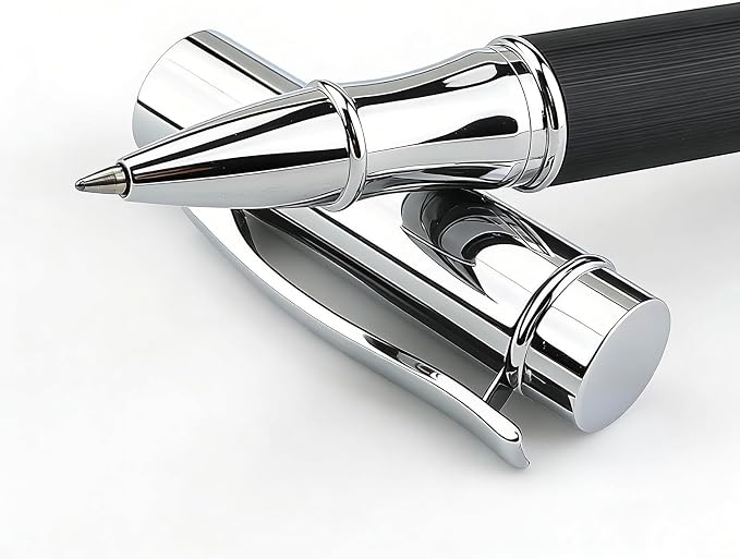 Brushed Metal Black Rollerball Pen - 0.5mm Fine Point Executive Writing Pen for Men & Women, Professional Signature Pen for Business Office & Journaling, Luxury Stationery Gift with Metal Case
