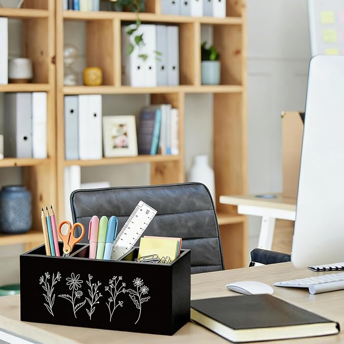Black and White Floral Pen Pencil Holder for Desk, Minimalist Wildflower Botanical Wooden Box Sign Organizer for Home Office Bedroom Desk Accessories Tabletop Decorations