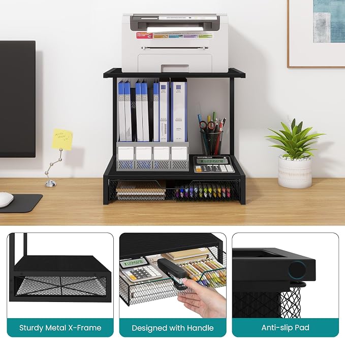 ELITEROO 2-Tier Printer Shelf with Drawers, Wooden Desk Shelf for Printer | Small Printers Shelf for Office Supplies, Desktop Storage Rack for Books, Folders, Scanner, Fax Machine, 3D Printer, Black