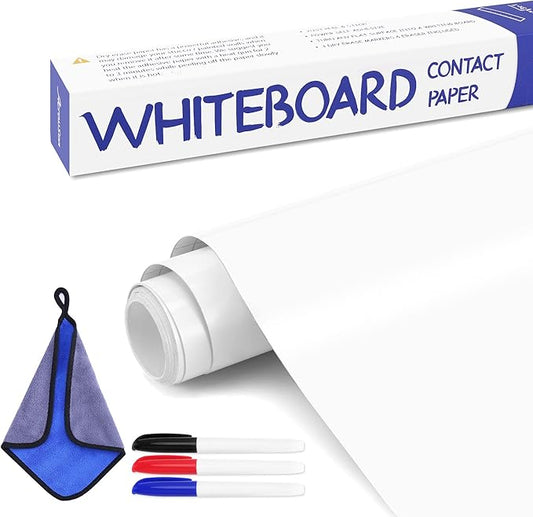White Dry Erase Paper Roll - 17.3” x 96” (8 Feet) - 3 Dry Erase Markers Included - Adhesive Whiteboard Wallpaper Decal - White Board Sticker Roll for Refrigerator, Desk, Office