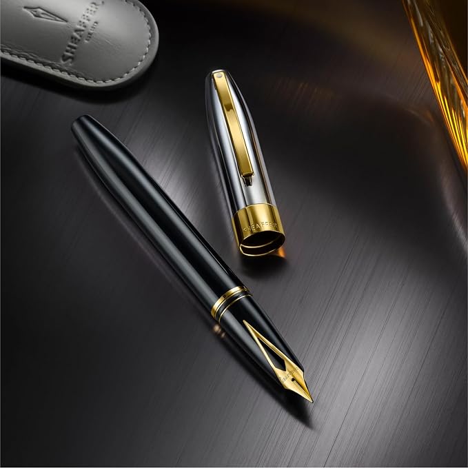 Sheaffer Legacy 9065 Fountain Pen, Fine 14KT PVD Gold Inlaid Nib, Black Tuxedo Medalist Finish with 14KT PVD Gold Trim, Includes Leather Pouch & Luxury Gift Box