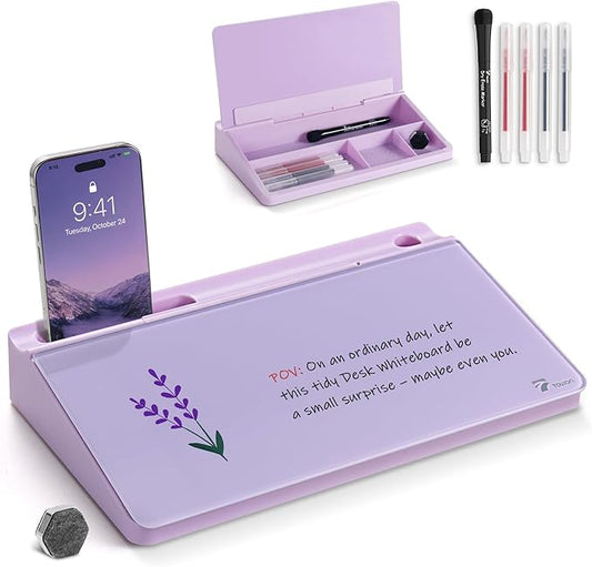 TOWON Small Compact Glass Desktop Whiteboard with Storage – 12 x 7 in Dry Erase Board for Desk, Home Office, School | Includes 5 Markers, Eraser & Holder | Space-Saving Organizer, Aesthetic Lavender