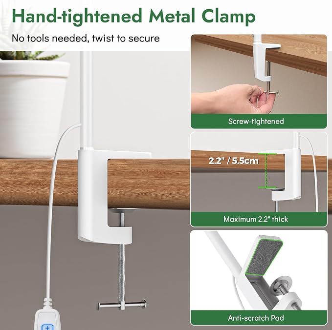 Clamp Lamp for Desk, Eye-Caring LED Clip Light (White) | 27" Tall Flexible Arm, 3 Color Modes 10 Brightness, USB-Powered with 5V/2A Adapter