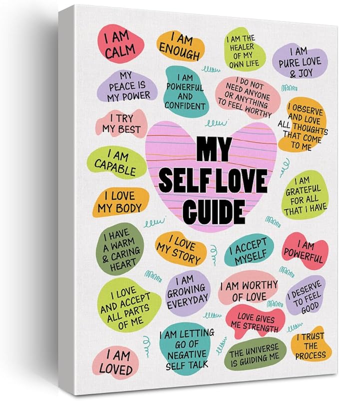Inspirational Self Love Poster Canvas Wall Art for Home Decor - Positive Daily Affirmations My Self Love Guide Canvas Print Wall Art Painting Ready to Hang Gifts - Easel & Hanging Hook 12x15 Inch